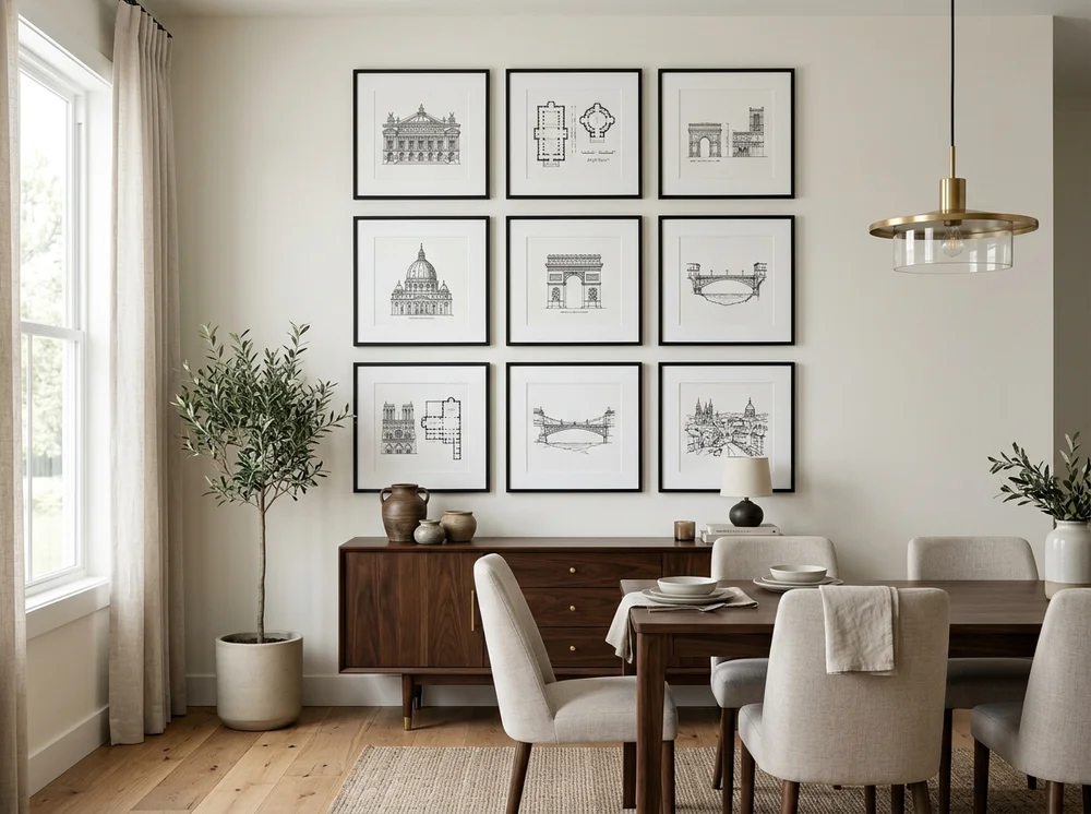 9 frame grid gallery wall spacing layout with square matte black frames spaced 2.5 inches apart on a dining wall