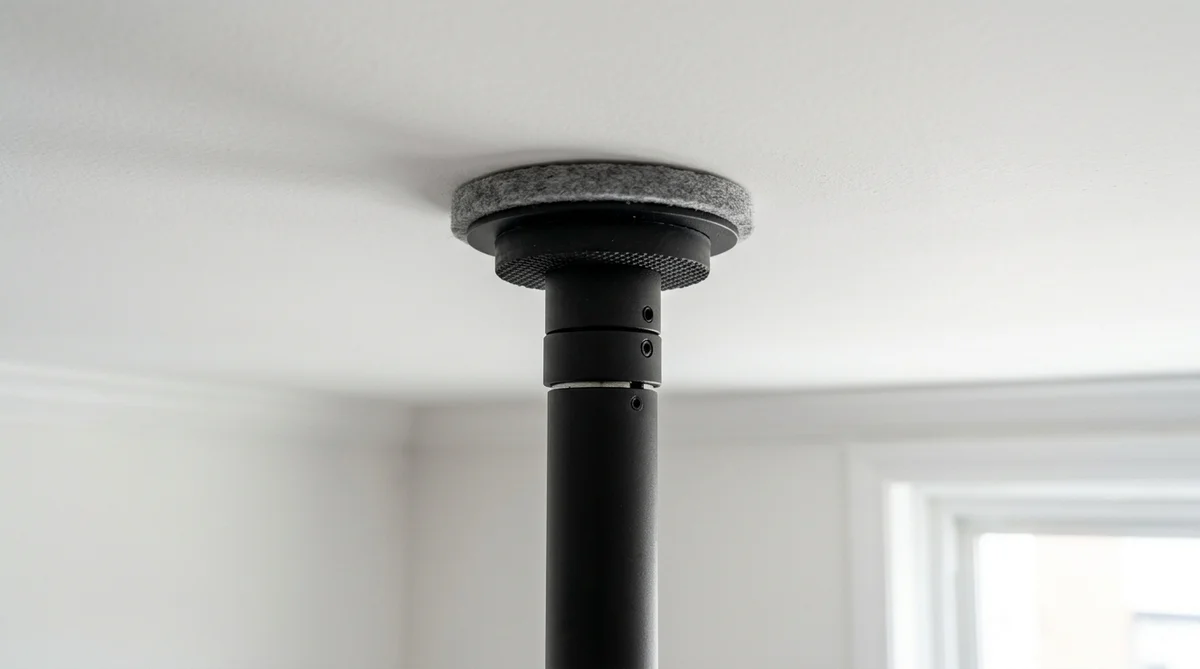 Protective felt pad buffer on ceiling tension divider pole to prevent apartment drywall damage and protect security deposit