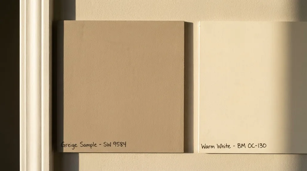 Testing paint swatches SW 9584 and BM OC-130 on drywall under west-facing afternoon light