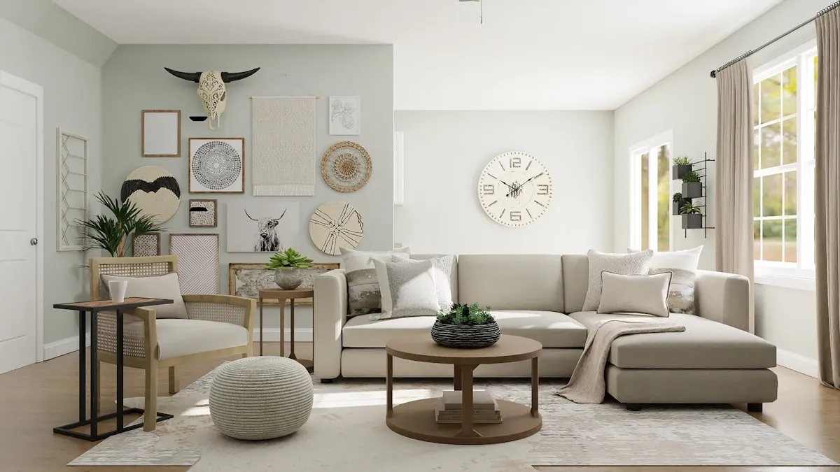 Detailed view of an oversized raw linen canvas mounted above neutral living room furniture