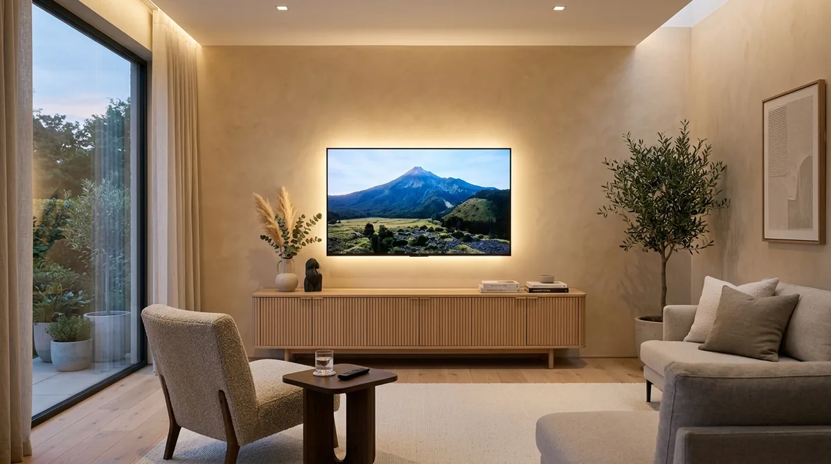 65-inch television mounted on plaster wall 6 inches above fluted oak media console at eye level