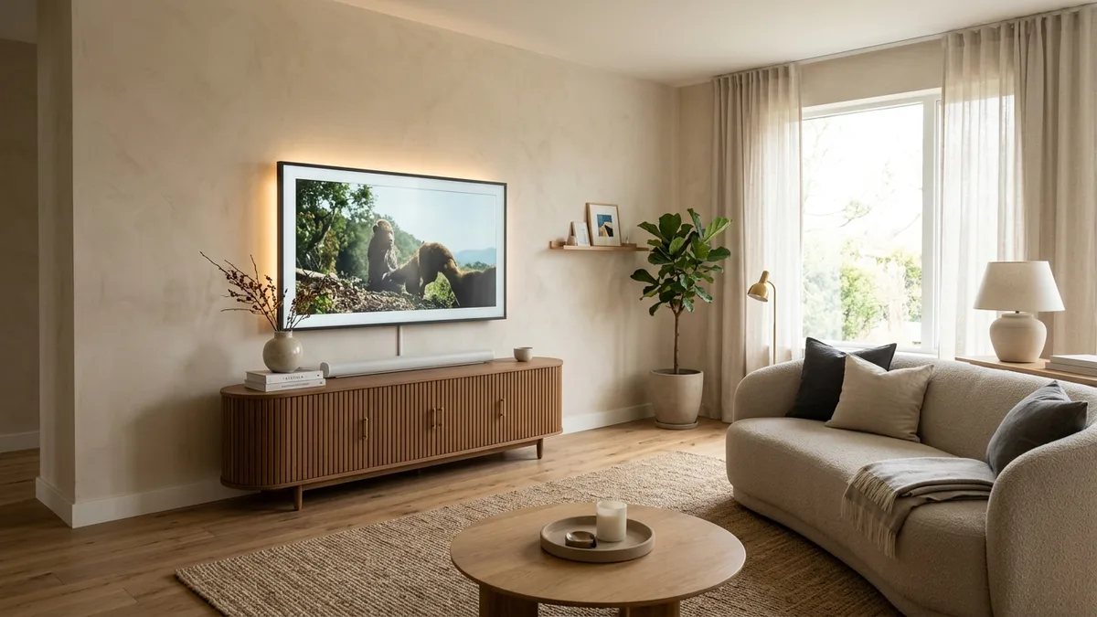 Contemporary living room with 65-inch television mounted 6 inches above fluted oak media console at seated eye level
