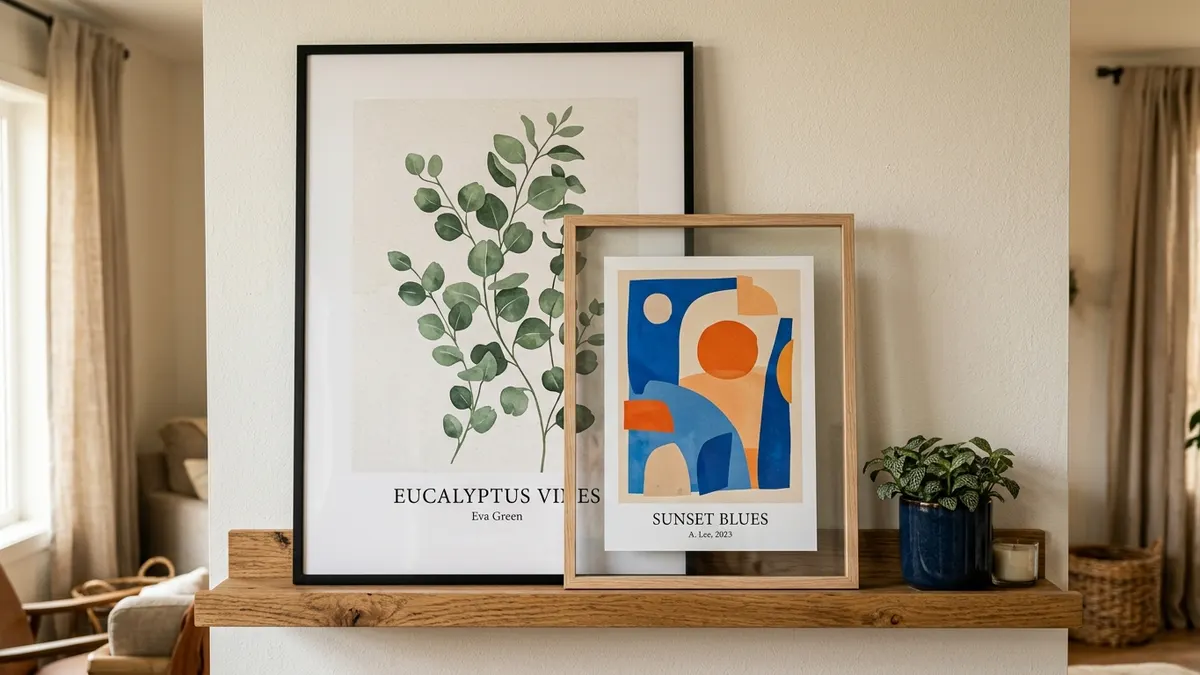 Close-up photograph showing the twenty percent overlap between a tall modern framed print and a smaller foreground framed print on a wooden picture ledge