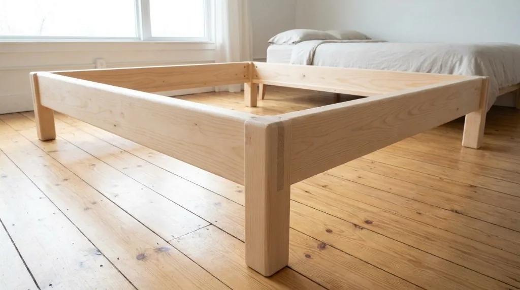 Unfinished solid domestic pine bed frame showcasing precision mortise-and-tenon corner joinery on a hardwood floor