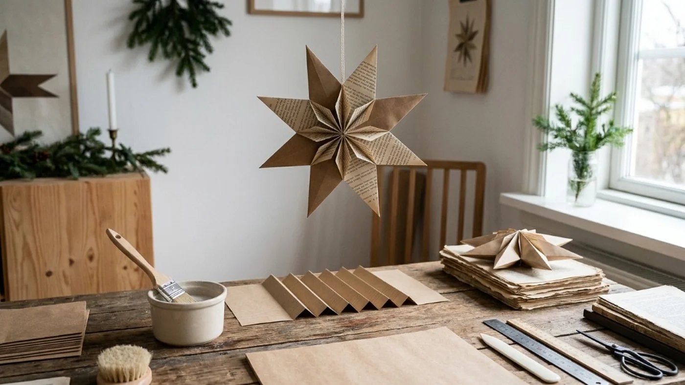 Geometric three-dimensional upcycled paper star ornament crafted from repurposed kraft paper and vintage book pages using starch glue