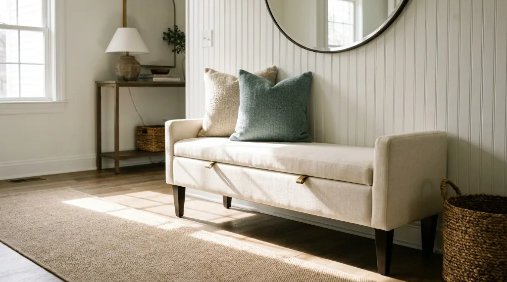 Cream linen upholstered entryway storage bench with concealed shoe compartment