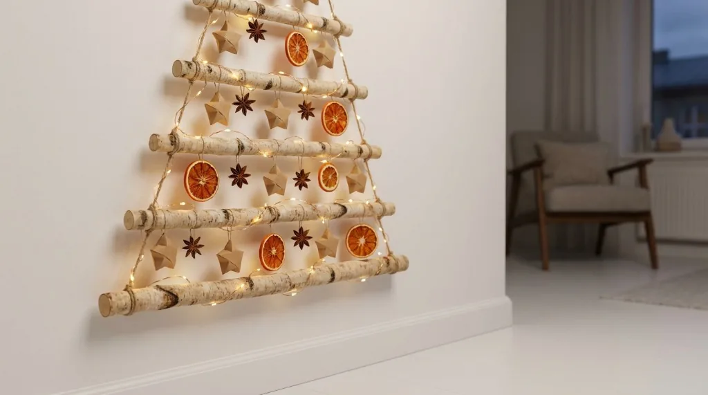 Vertical wall-mounted wooden dowel Christmas tree with origami paper stars, dried citrus, and warm copper fairy lights in a rental apartment