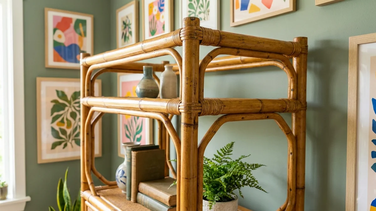 Illustrated vintage-style bamboo etagere with wrapped joints, open shelves, and visible finish wear