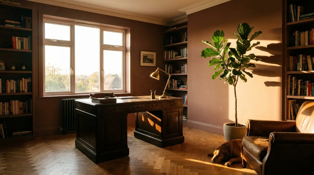 Muted terracotta paint color on study walls catching golden hour sunset rays