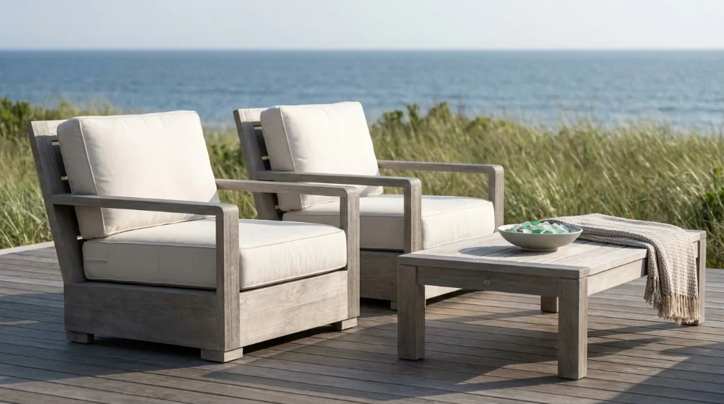 Naturally weathered outdoor teak lounge armchairs with smooth silver gray patina on a coastal sun deck overlooking the ocean