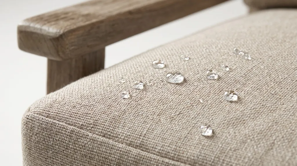 Close up cross section of outdoor cushion showing reticulated open cell foam core and water repellent woven fabric