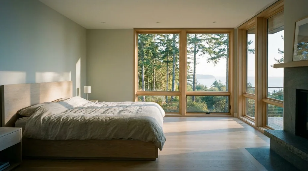 Pale greige bedroom paint color balancing cool morning shade and warm afternoon sun