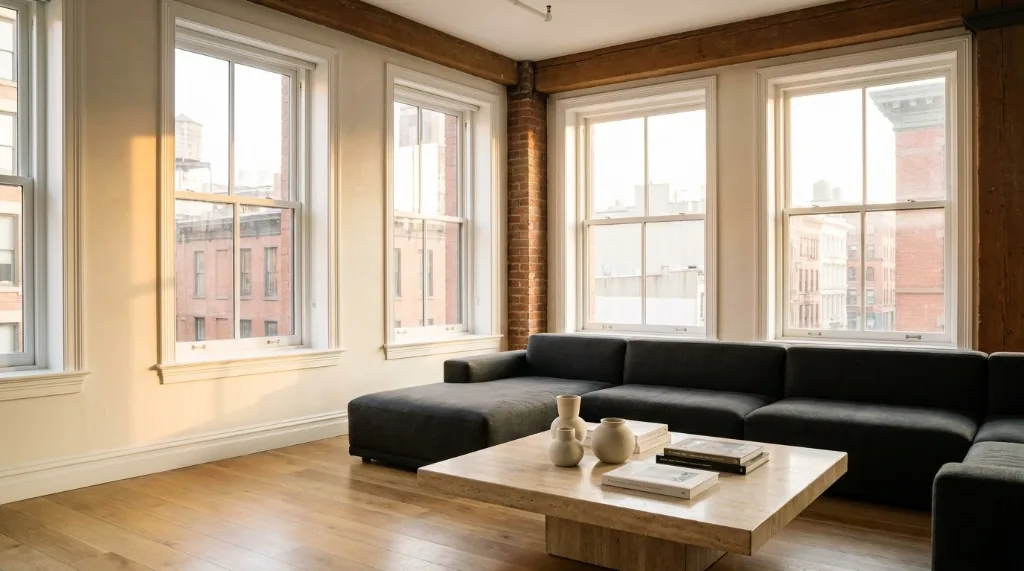 Benjamin Moore Swiss Coffee paint on west-facing loft walls with low-angle afternoon sunlight