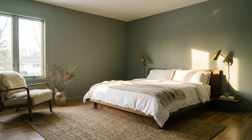 Muted dusty sage green paint color in a tranquil west-facing bedroom during golden hour