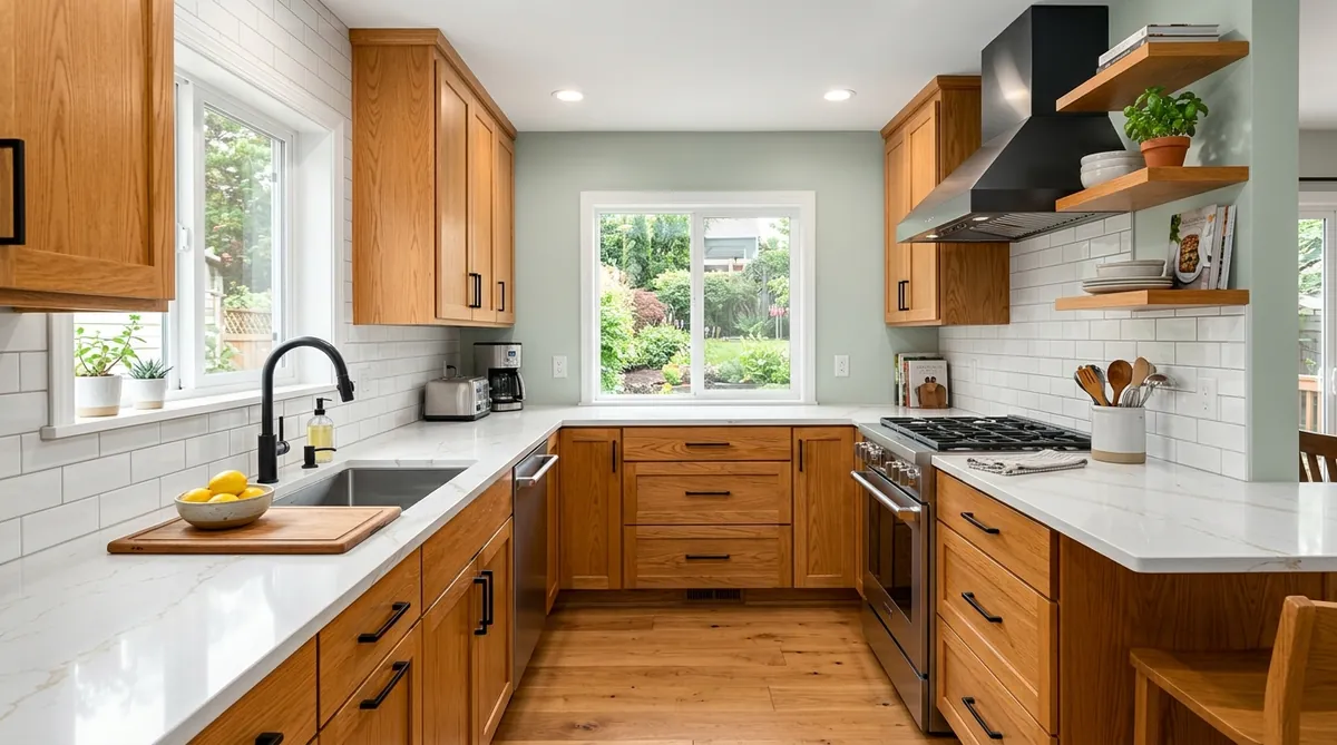 Modernized honey oak kitchen cabinets paired with matte black hardware, white quartz countertops, and sage green walls