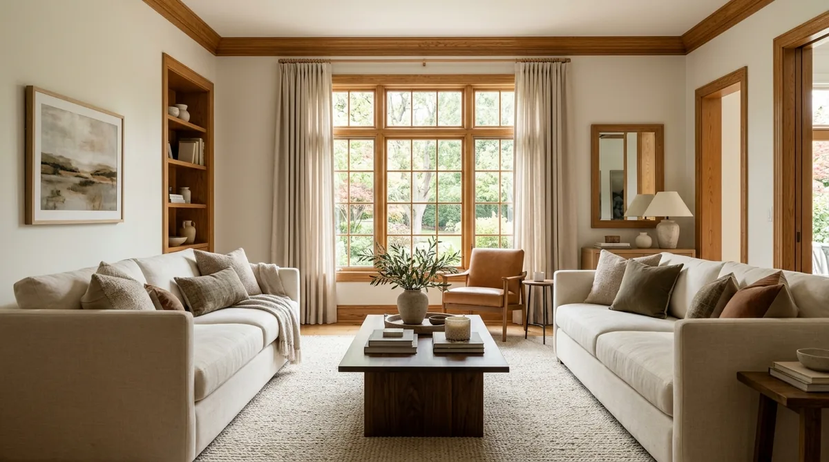 High-contrast wood tone mixing in a natural home decor living room with warm textiles and stoneware