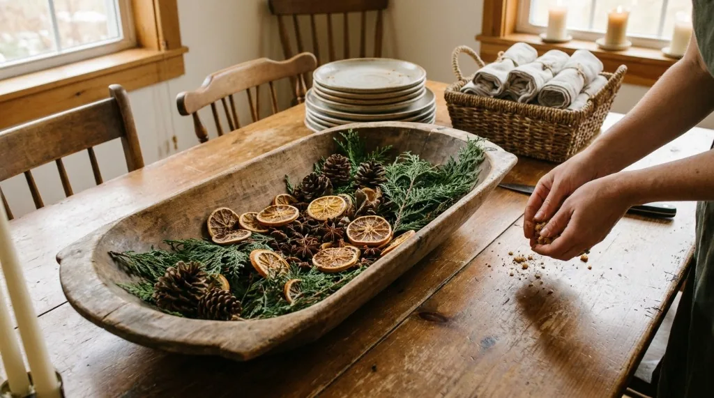 Vintage wooden dough bowl centerpiece arranged with foraged cedar branches, pinecones, dried citrus wheels, and star anise pods on a rustic table