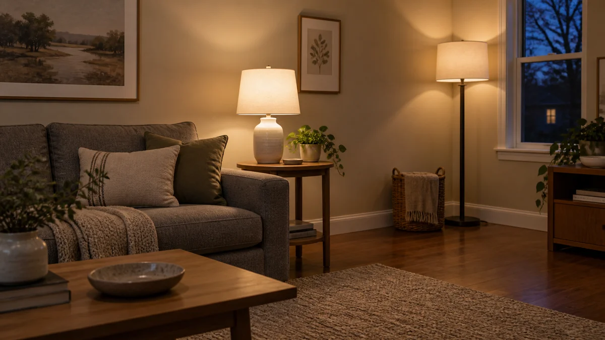 Warm Neutral Paint Colors: Low-Light Living Room Lighting Warm neutral paint colors with evening lighting in a low-light living room