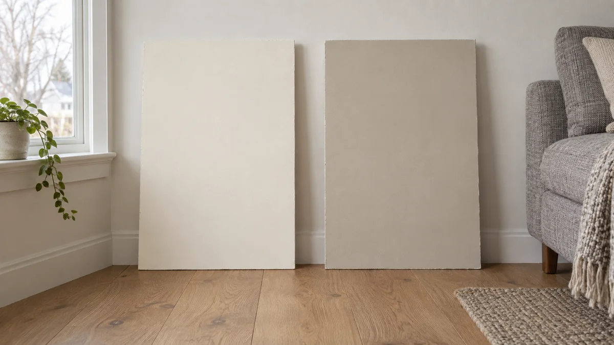 Warm Neutral Paint Colors: North-Facing Room Samples Warm neutral paint colors on sample boards for a north-facing living room