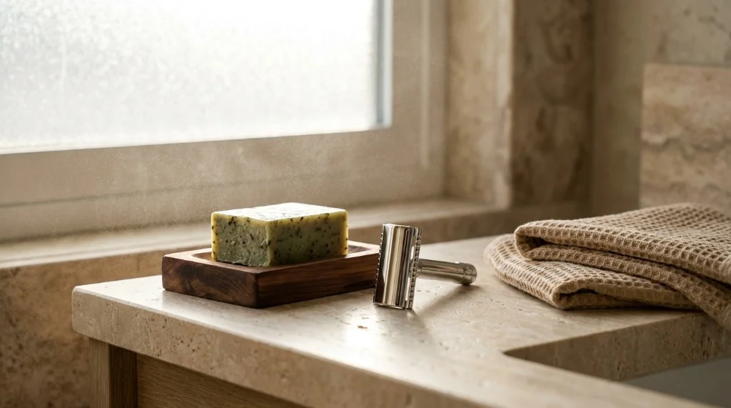 Zero waste bathroom essentials including stainless steel safety razor, cold-processed olive oil soap bar, and organic waffle towel