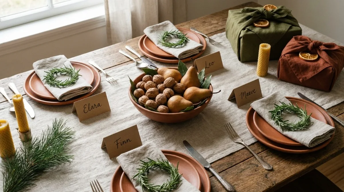 Holiday table with a linen runner, terracotta plates, rosemary wreath place cards, and fabric-wrapped gifts