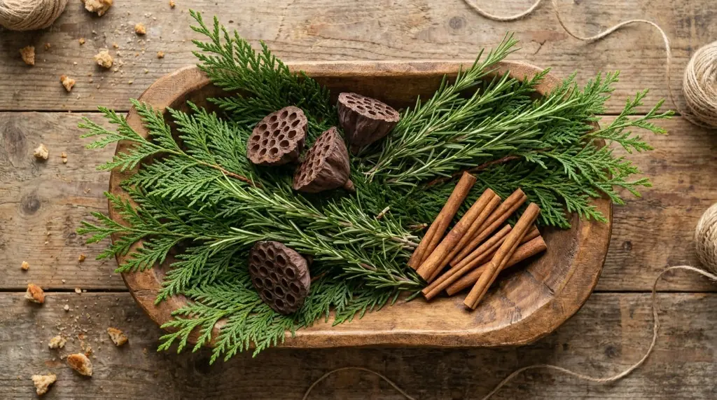 Zero waste holiday decorations with foraged cedar branches, rosemary, dried lotus seed pods, and cinnamon sticks in a wooden bowl