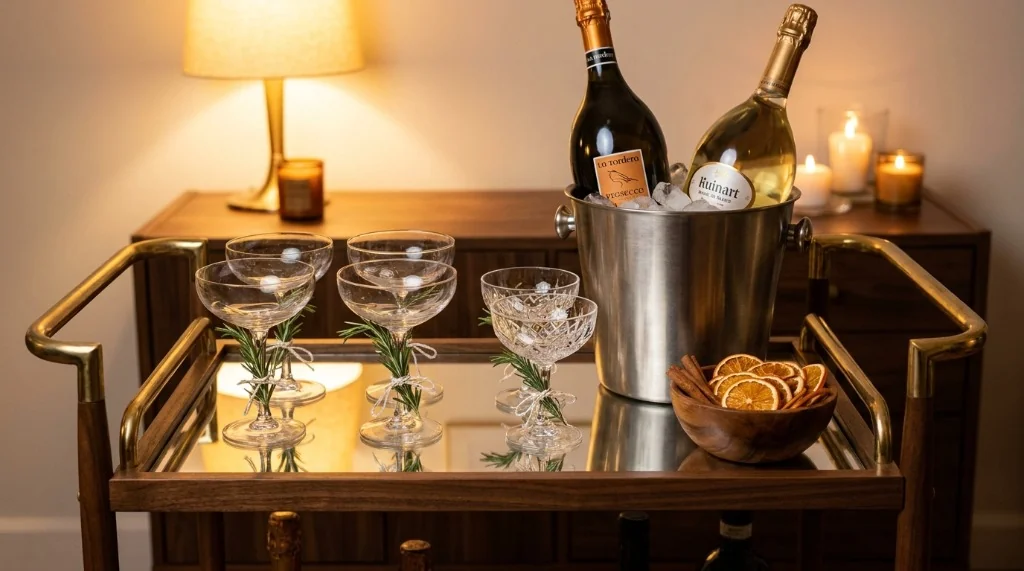 Zero-waste New Year bar cart with thrifted glassware and rosemary drink markers