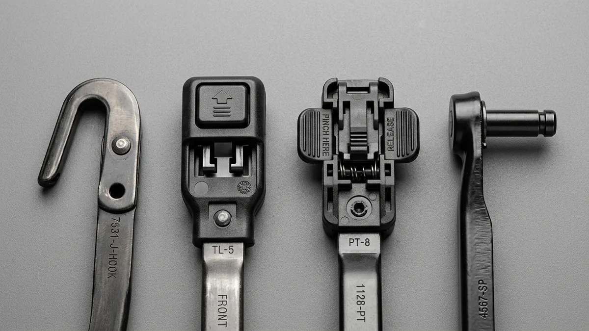Windshield Wiper Blade Connector Styles Guide showing J-Hook, Top Lock, Push Button, and Pinch Tab mechanisms
