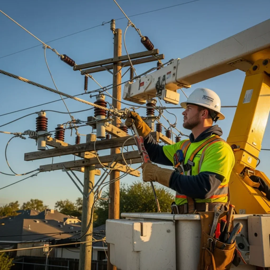 An electrical lineman wearing a hard hat and safety harness works on power lines, representing a skilled job in the electric utilities sector.