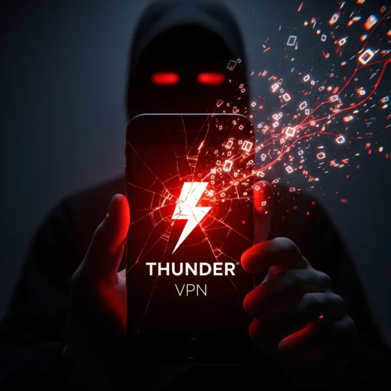 A shadowy figure holds a smartphone displaying the Thunder VPN logo. The screen is cracked, with red light and digital data leaking out, symbolizing a security breach.