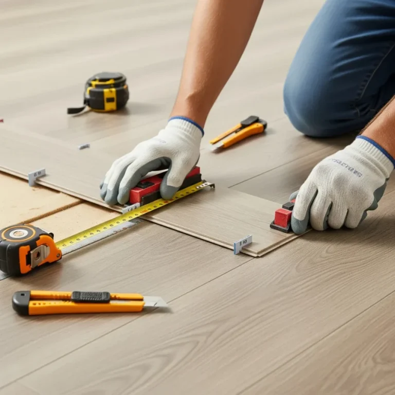 A person wearing work gloves installs light-colored vinyl plank flooring. They are using a yellow tape measure to check the placement of a plank, with a tapping block, utility knives, and spacers laid out on the new floor.