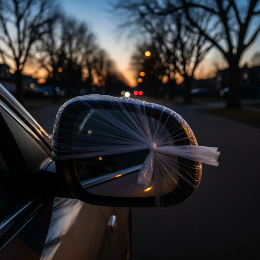 A car's side mirror covered with a translucent plastic bag, parked on a quiet street at dusk, illustrating the central mystery of the viral warning.