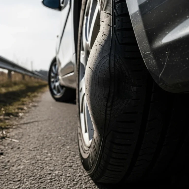 A close-up photo showing a large, dangerous bulge on the sidewall of a car tire, indicating structural failure and a blowout risk.