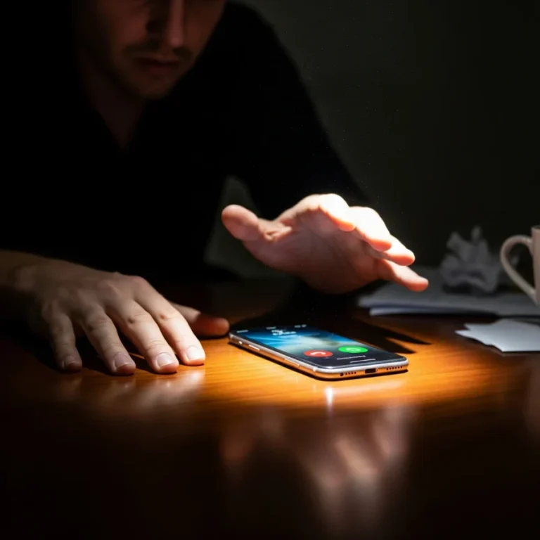 A dramatic close-up of a person's hands on a dark desk. A single spotlight illuminates a ringing smartphone, while one hand hovers above it in hesitation. In the out-of-focus background, a man's worried expression is visible, conveying stress and anxiety.