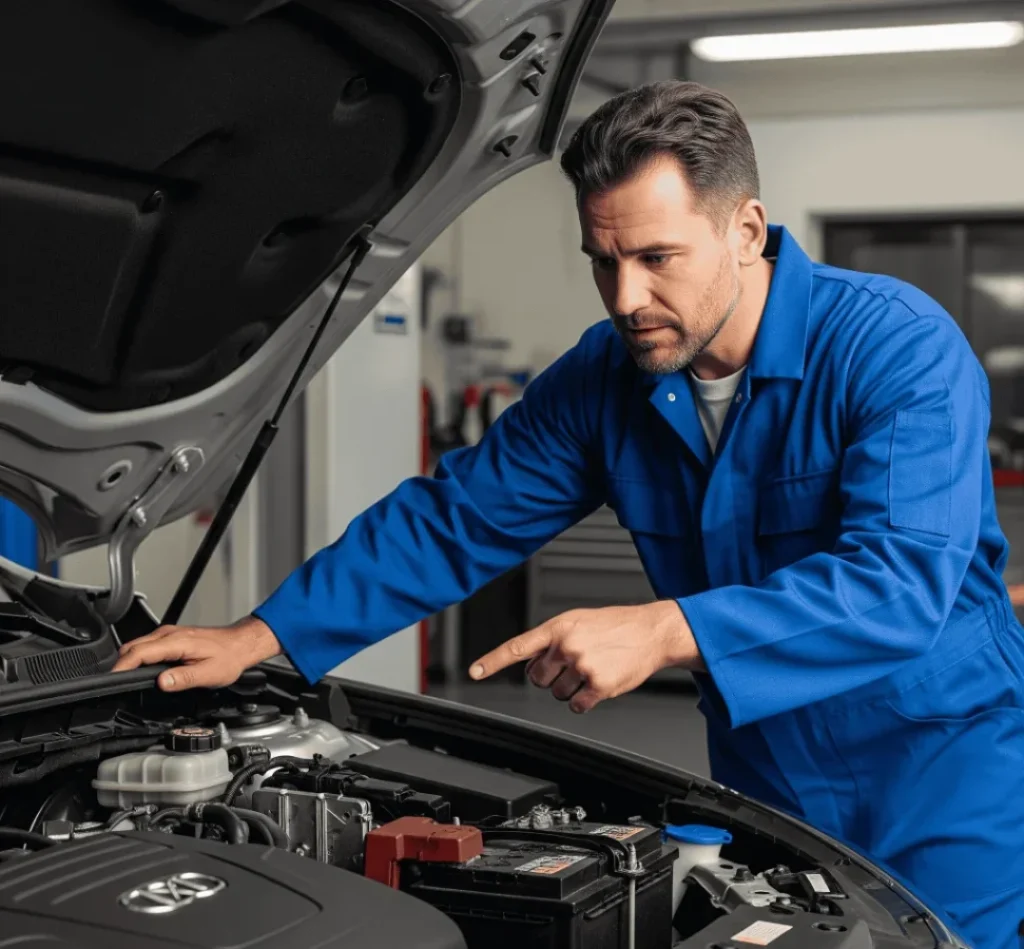 A mechanic diagnosing why a car is running rough by checking the battery