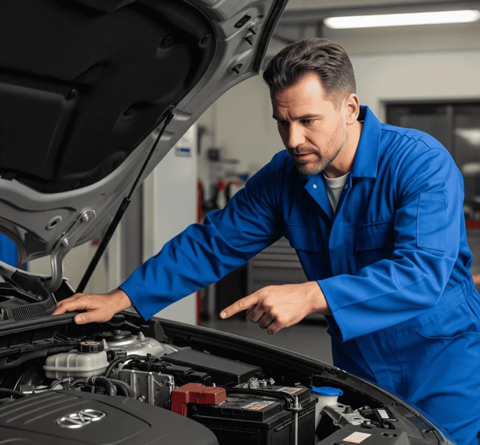 A mechanic diagnosing why a car is running rough by checking the battery