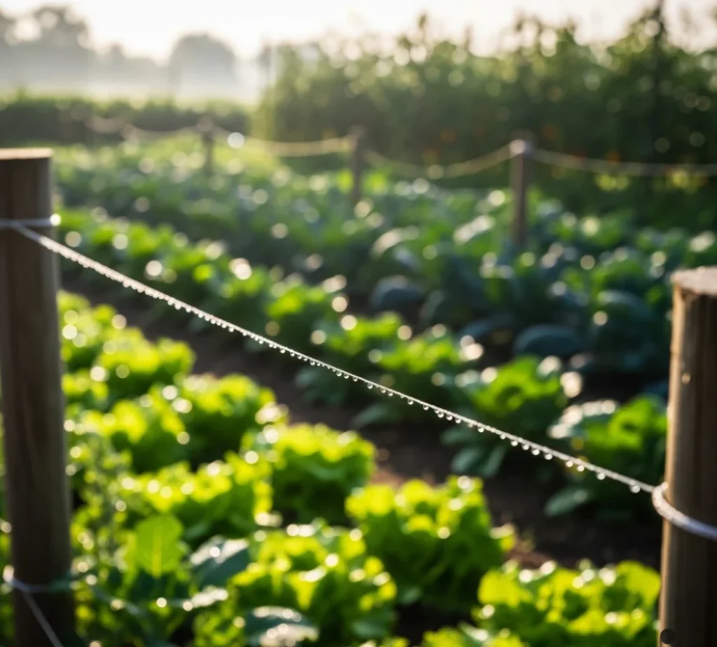A close-up, macro photo of dewdrops clinging to a thin fishing line fence, with the lush green rows of a vegetable garden softly blurred in the background.