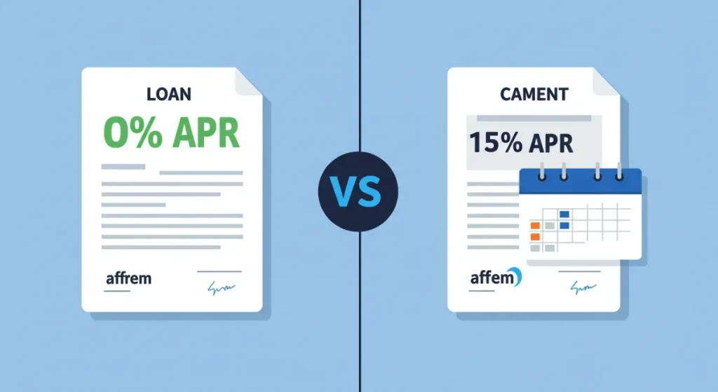 A graphic comparing a 0% APR Affirm loan with an interest-bearing Affirm loan