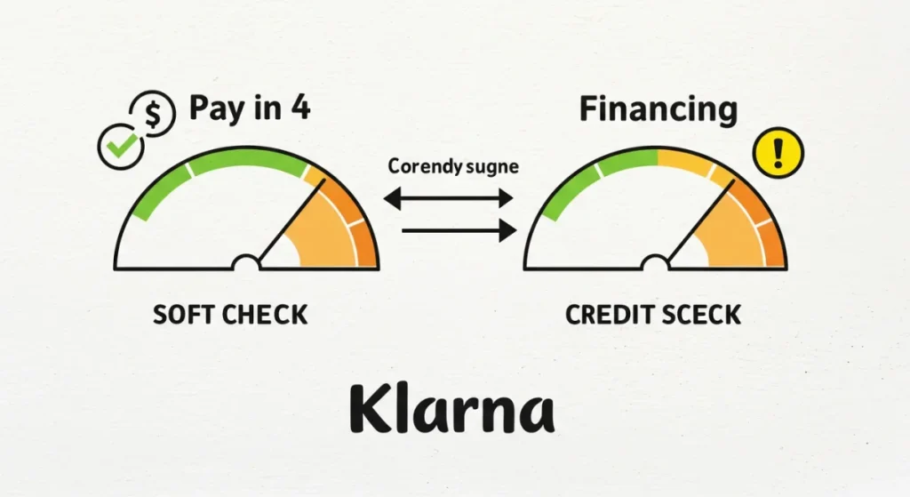 A diagram explaining that Klarna's 'Pay in 4' uses a soft check with no impact on credit score, while Klarna 'Financing' uses a hard check that may have a temporary effect.