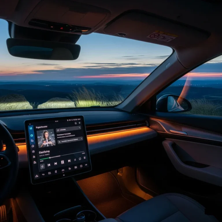 The interior of a parked car at dusk, with the infotainment screen lit up and playing music, representing using the car radio while the engine is off.
