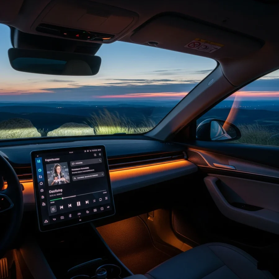 The interior of a parked car at dusk, with the infotainment screen lit up and playing music, representing using the car radio while the engine is off.