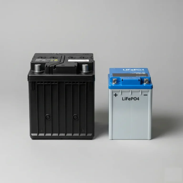 A side-by-side comparison of a large, black lead-acid car battery and a smaller, modern blue and grey LiFePO4 lithium car battery, highlighting the significant difference in size.