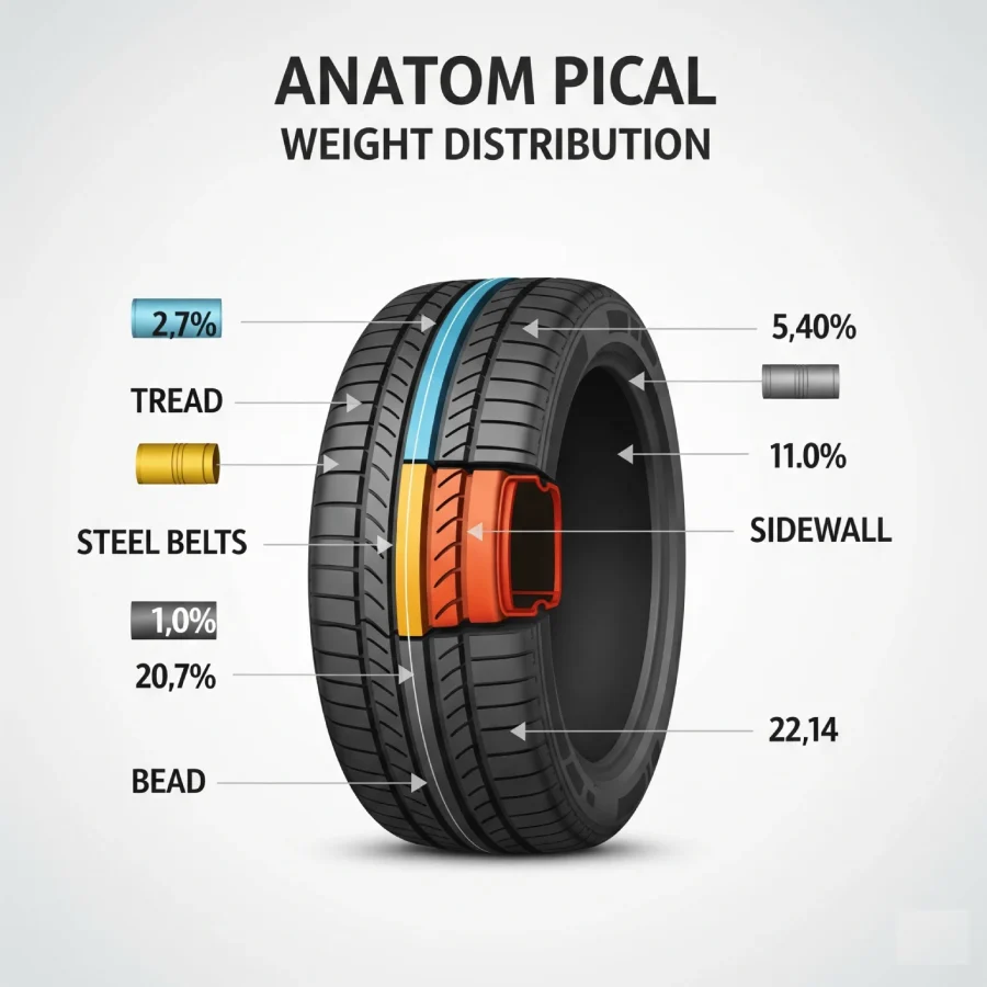 Infographic showing the anatomical breakdown and weight distribution of a car tire's components.