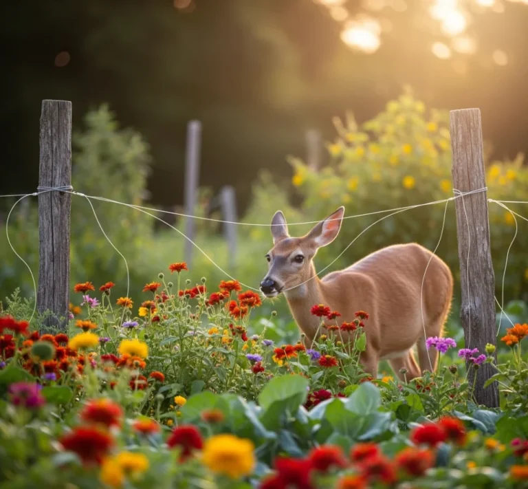 A young deer stands in a garden of colorful flowers, cautiously stopped by a nearly invisible fishing line fence strung between two wooden posts during a golden sunset.