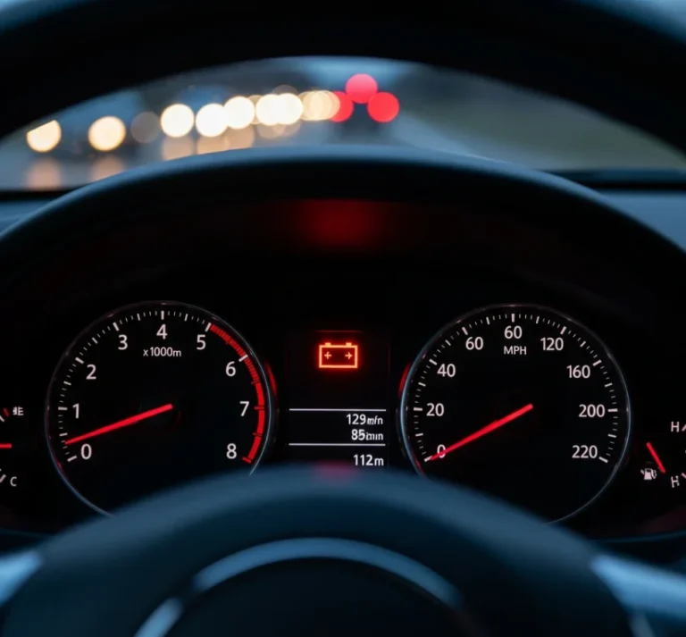 A close-up of a car's dashboard at night, with the red battery warning light icon brightly illuminated, indicating a charging system failure.