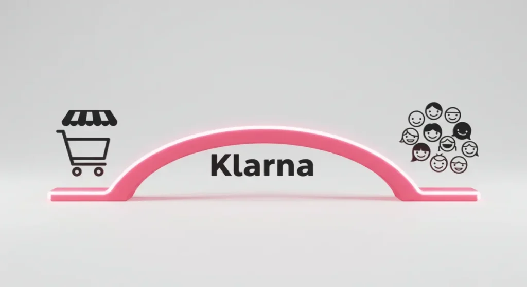 A symbolic image of a bridge with the Klarna logo, connecting a merchant's shopping cart to happy customers, representing how Klarna helps retailers increase sales.