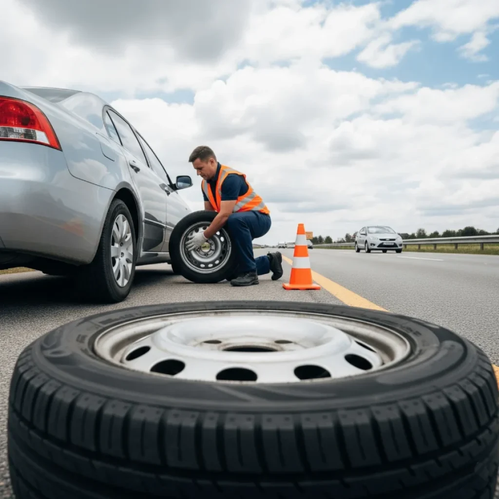 A person wearing a safety vest changing a tire on the shoulder of a highway. The damaged tire with a visible bubble is in the foreground, emphasizing the correct and safe response to the hazard.