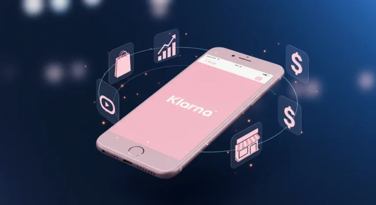 A smartphone displaying the Klarna app, surrounded by glowing holographic icons of a shopping bag, a growth chart, and a storefront, illustrating the complete Klarna business model.