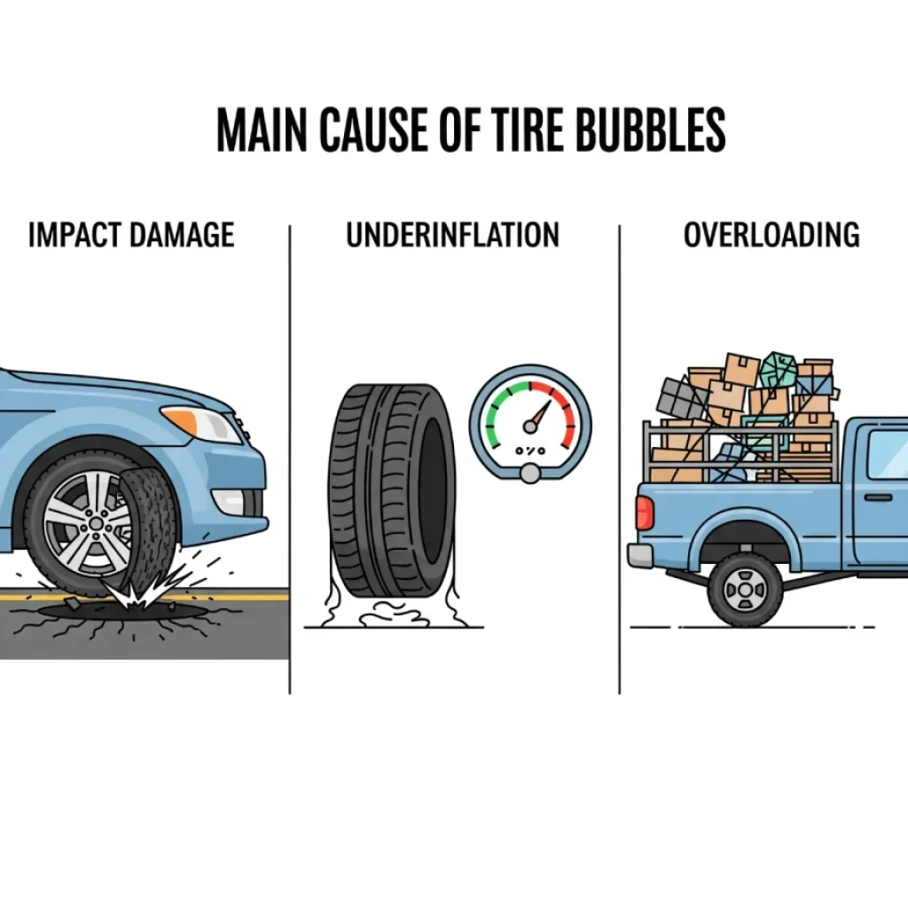 An infographic illustrating the three primary causes of tire bubbles: 'Impact Damage' showing a car hitting a pothole, 'Underinflation' showing a flat tire icon and a low pressure gauge, and 'Overloading' showing a heavily weighted truck.