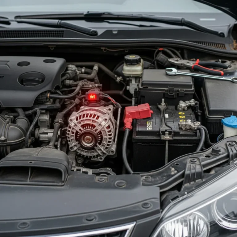 A detailed view of a car engine where the battery is disconnected, and the alternator is glowing red to symbolize an electrical system risk.
